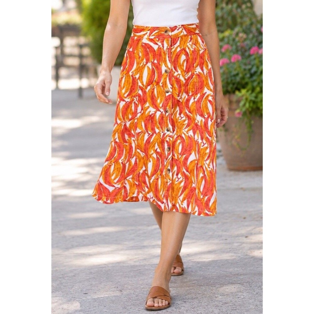 Maeve Anthropologie L Banana Grove Print Denim Midi Orange Fruit Motif Skirt